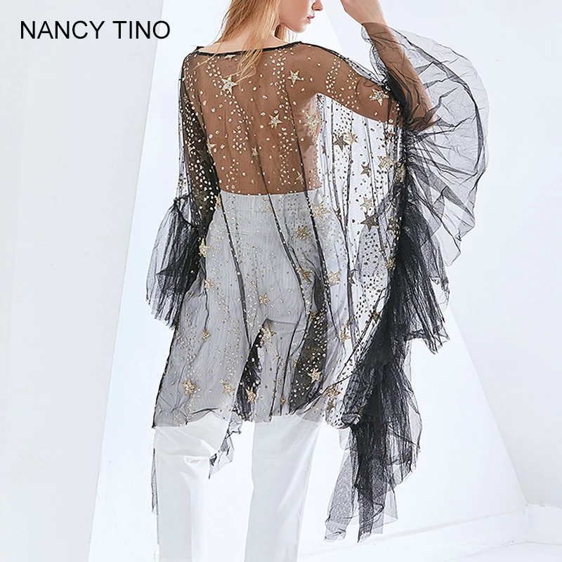 

NANCY TINO Lace Skirt Beach Sunscreen Girly Fashion Veil Sexy Lotus Leaf The Stars Are Shining Round Neck Pullover Pink Black
