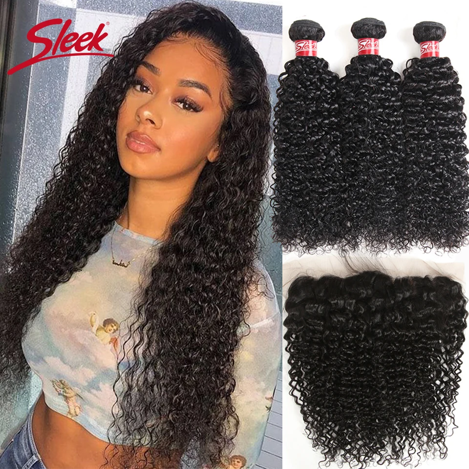 Sleek Kinky Curly Bundles With Frontal Indian Kinky Curly Human Hair With 13x4 Frontal Natural Color Remy Hair For Black Women