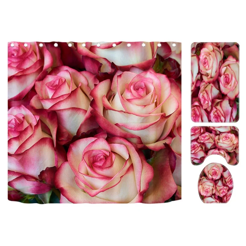 

European And American Style Romantic Love Valentine's Day Printing Shower Curtain Floor Mat Bathroom Bottom Pad Toilet Pad