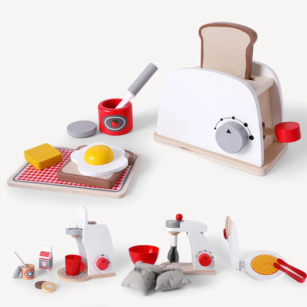 Children's wooden pretend toy set simulation toaster bread machine coffee mixer baking tool game kitchen role | Игрушки и хобби