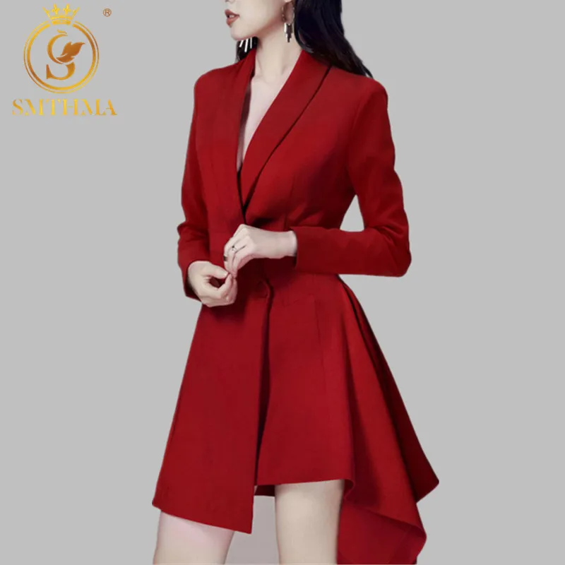 

SMTHMA Notched Neck Asymmetry Long Sleeve Dress Women 2022 New Autumn New Office Business Red Dress Vestido De Festa