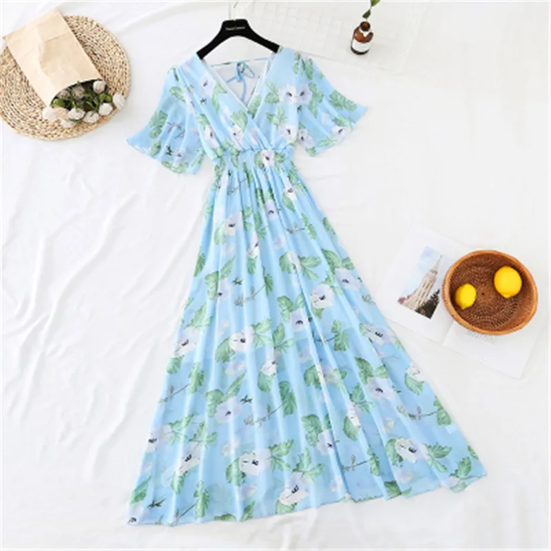 Женское шифоновое платье с оборками длинное облегающее коротким рукавом и V