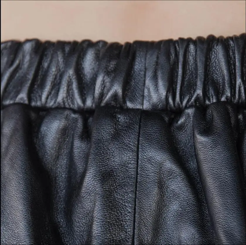 

Genuine Leather Female Plus Size Women Elastic Waist Slim Cropped Fashion Sheep Skin Harem Pants Trend
