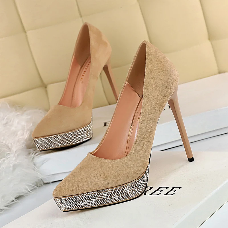 Корейская мода тонкий каблук Высокий замша стразы Водонепроницаемая платформа