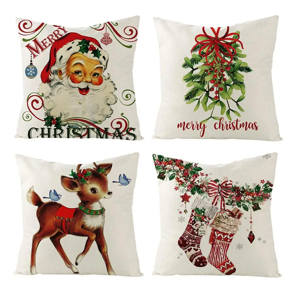 

Christmas Pillow Covers Set Of 4 Vintage Farmhouse Christmas Throw Pillowcase Decorations Cotton Linen Cushion Case For Home D