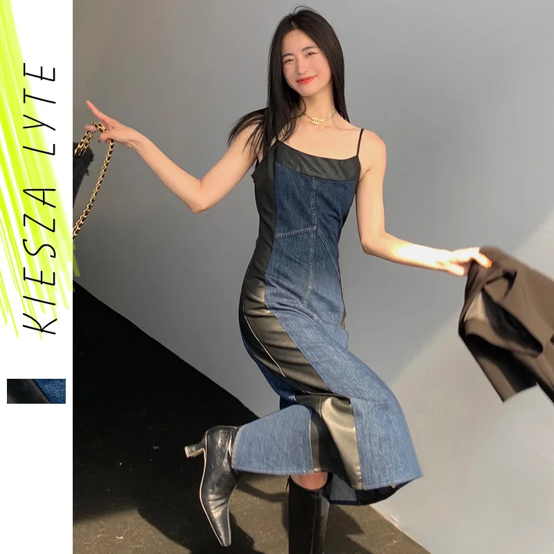 Женское платье 2022 осень шикарные Спагетти ремень Сплит Джинсы Сращивание ПУ кожа
