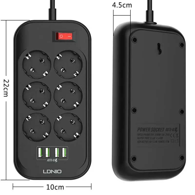 

Smart Power Strip 6 Outlets 4 USB Charging Ports 3.4A 2500W Power Strip Flat Plug 2M Extension Cord For Home Office TV IPhone