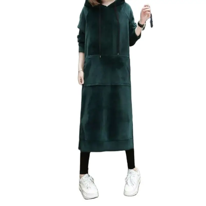 

Spring Autumn hoodie sweatshirt women fashion thicken hooded Gold velvet tops women oversized hoodie women long loose dress