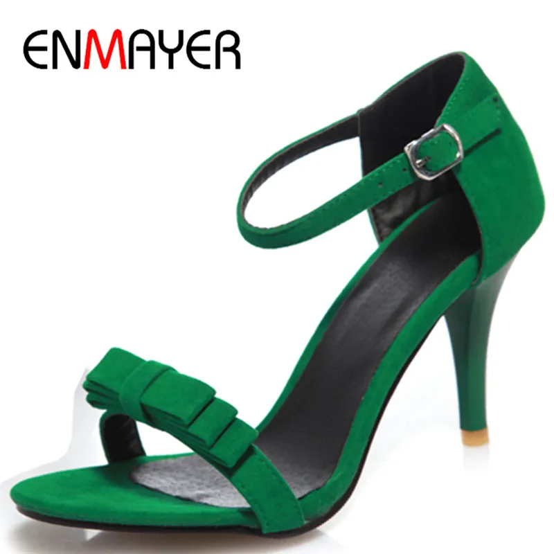 

ENMAYER High Heels Sandals Pumps Shoes Woman Open Toe Bowties Charms Large Size 34-47 Black Green Purple Ladies Shoes sandals