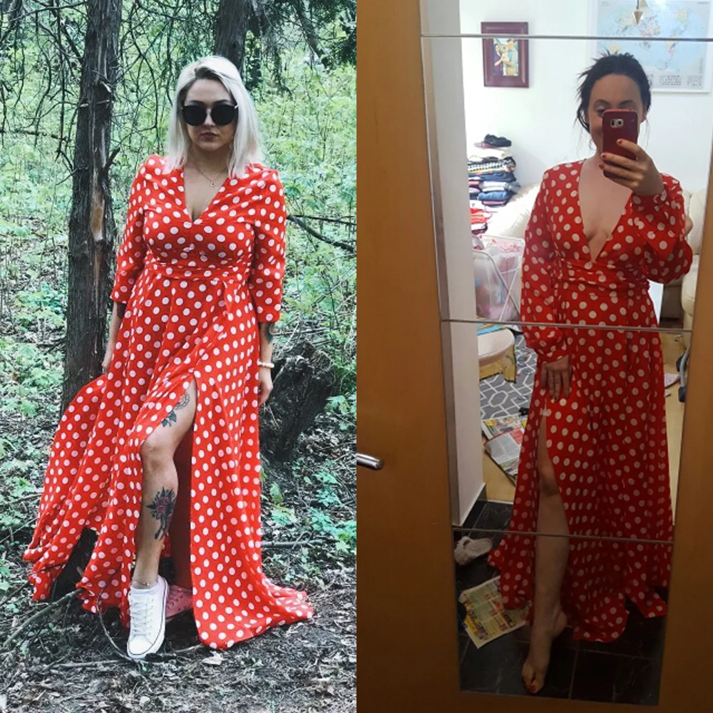 Платье макси в горошек с длинным рукавом и высоким разрезом|Женские платья| |