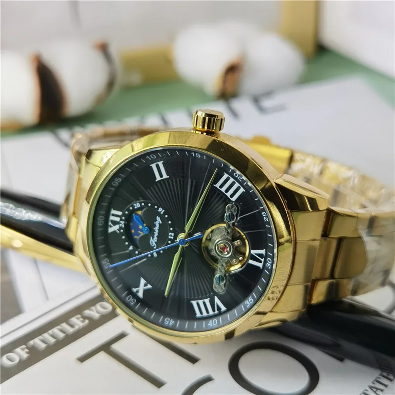 Forsining Марка Для мужчин механические часы Tourbillon Moonphase золотые Сталь Наручные Relogio
