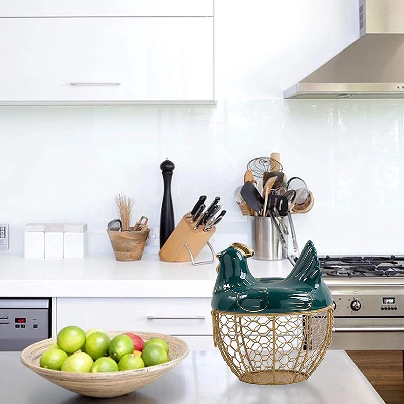 

Egg Storage Basket Metal Wire Fruit Basket with Chicken Shape Lid Ceramic Egg Holder, Storage Holds 30 Eggs