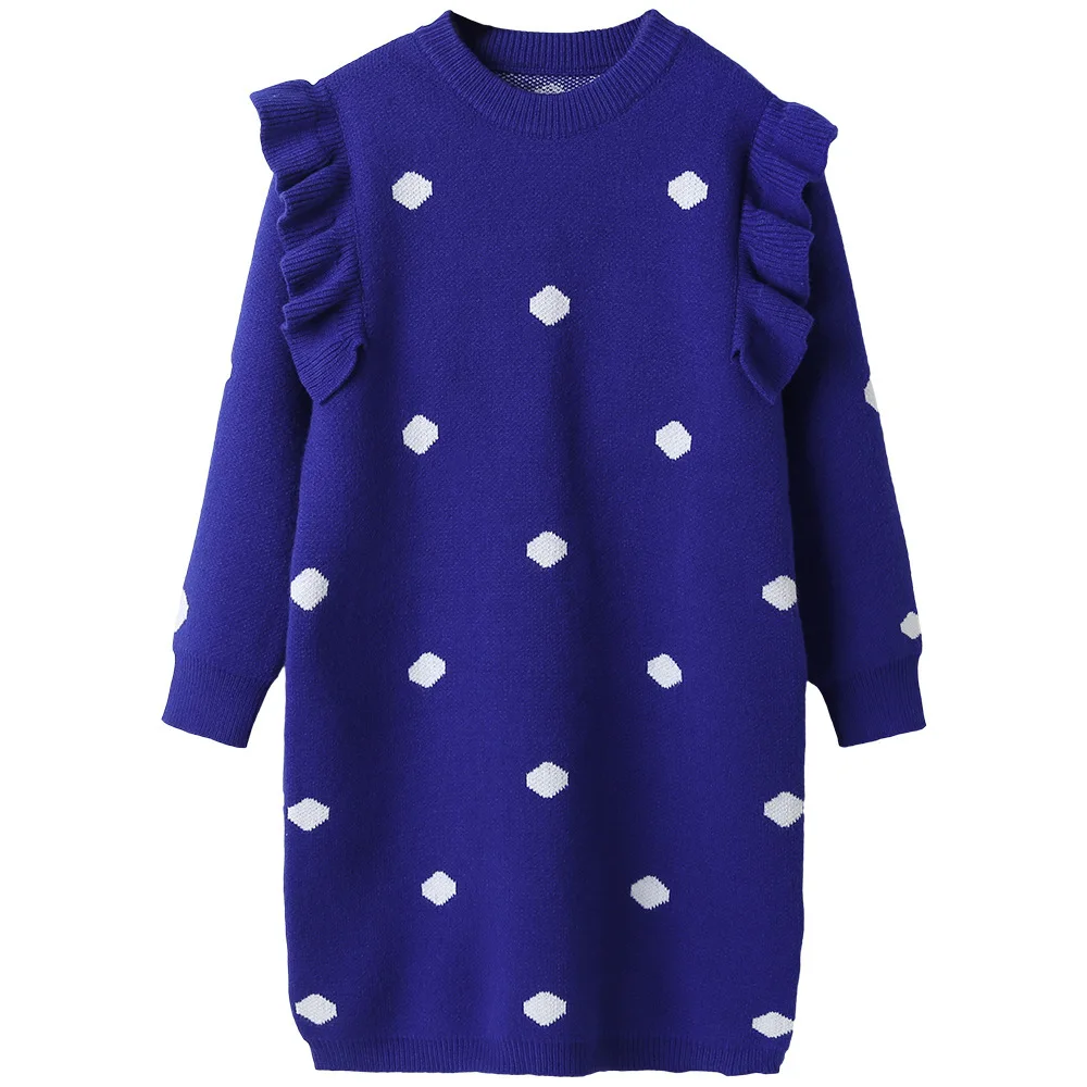 

4Y To 14Y Kids and Teen Girls Knitting Dress Autumn 2020 New Korean Children Casual Clothes Cute Polka Dot Straight Dress, #9174