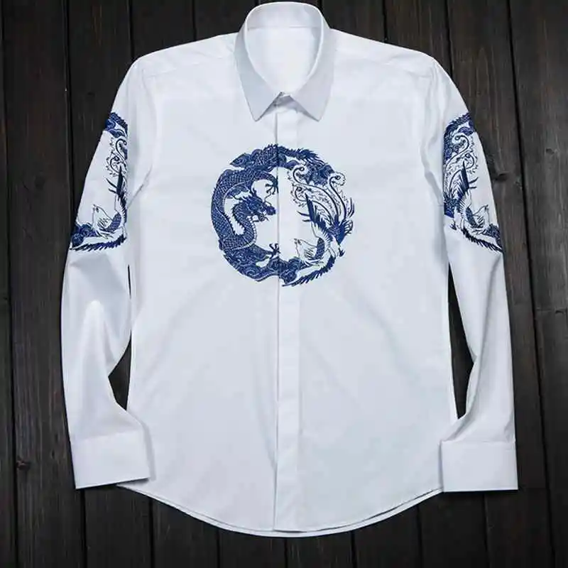 2020 New Fashion Mens Casual Dress Shirts Long Sleeve Turn Down Collar Single Button Male Cotton Royal Dragon and Cheung | Мужская