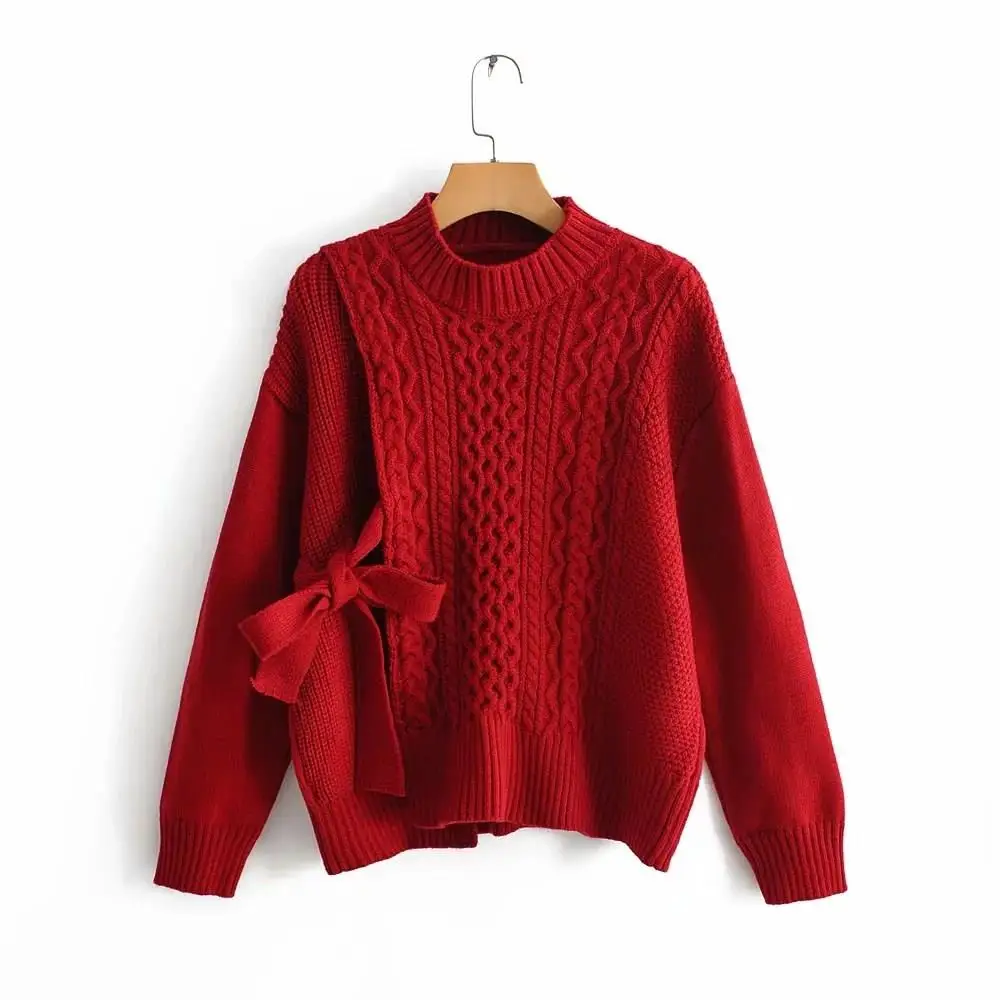 Женский пуловер с круглым вырезом свитер свободный на шнуровке Ретро стиль витой
