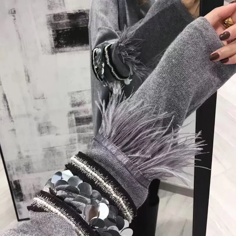 Женский кашемировый свитер с аппликацией элегантный длинный пуловер блестками и