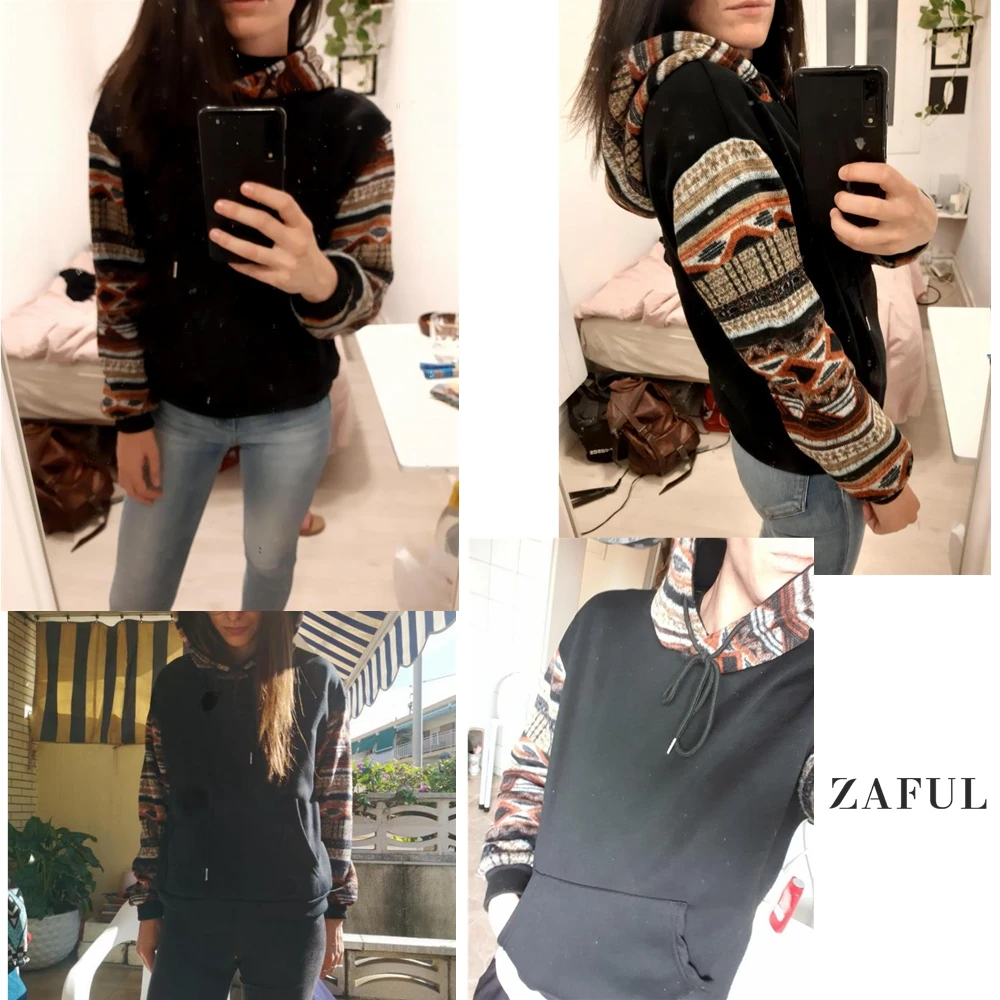 

ZAFUL Ethnic Pattern Hoodies Women Fashion Harajuku Autumn Winter Print Pocket Hooded Sweatshirt Streetwear Lady Fleece Pullover