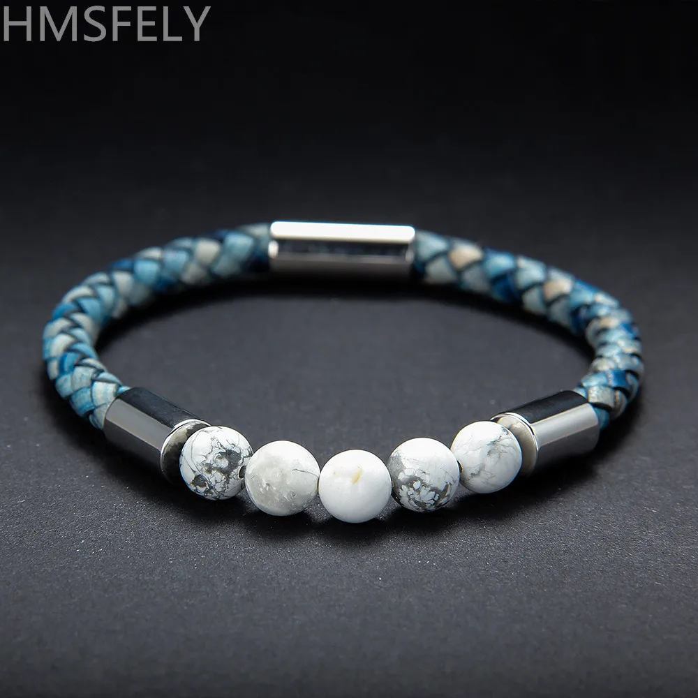 HMSFELY Ретро Стиль светильник синего цвета для мужчин из натуральной кожи браслет