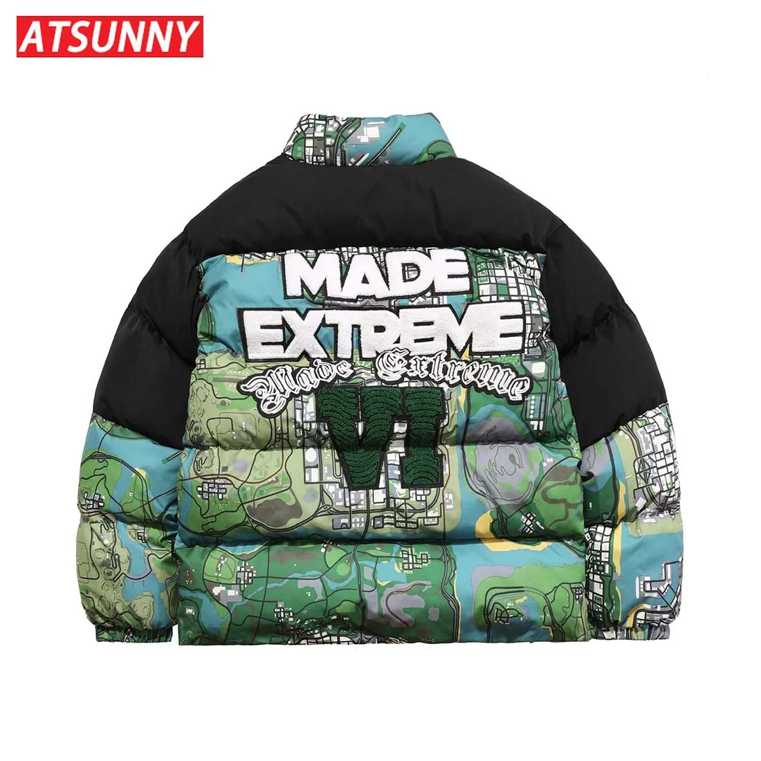 ATSUNNY Oversize Fashion cotton Coat Map digital print jacket stuffed cotton bread suit jacket Thicken Autumn and winter clothes