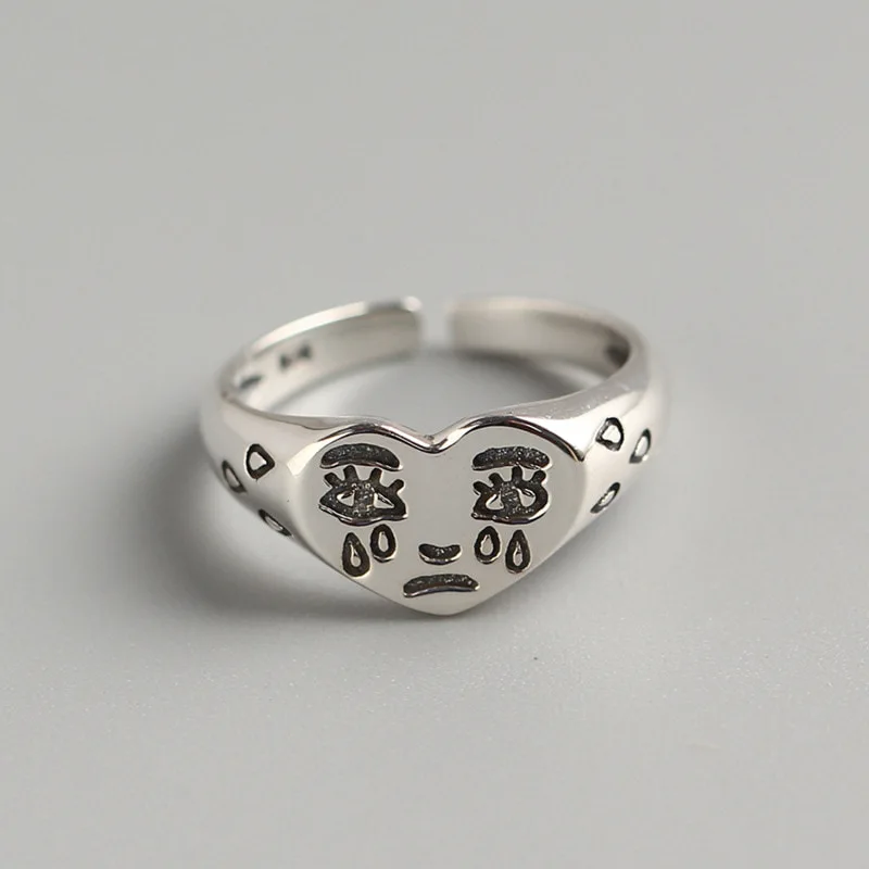 

MEYRROYU Sterling Silver Love Heart Crying Face Opening Rings Female Class All-match Jewelry Accessories Party Gift In Stock