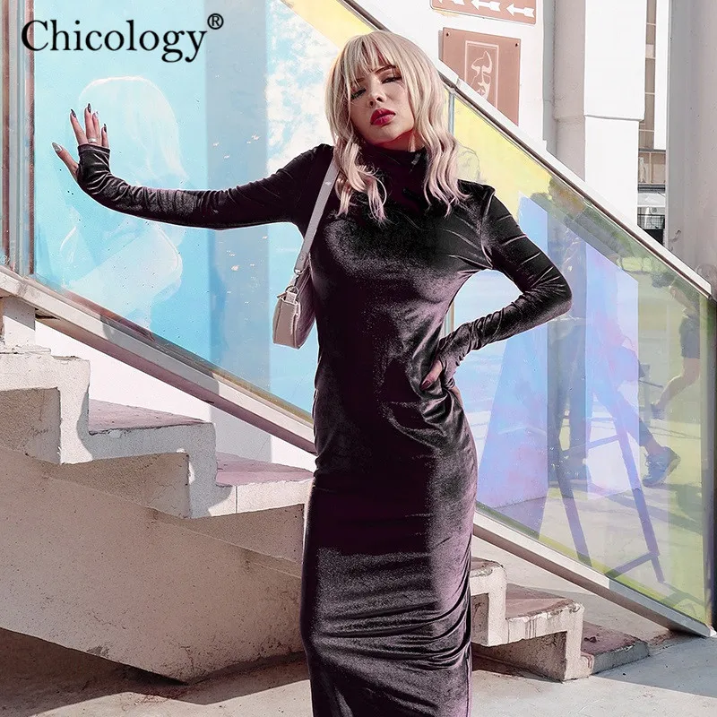 Chicology бархат с открытой спиной Длинные рукава платье миди для женщин пикантные 2019