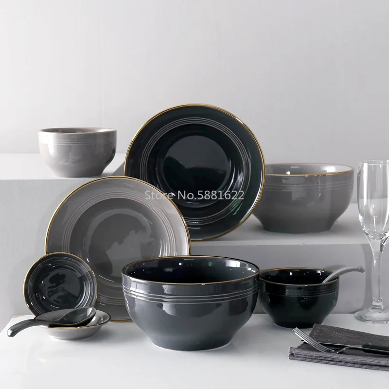 

Phnom Penh Nordic Black Grey Simple Ceramic Tableware Set Household Rice Bowl Soup Plate Bowl and Dishes Plate Combination Set