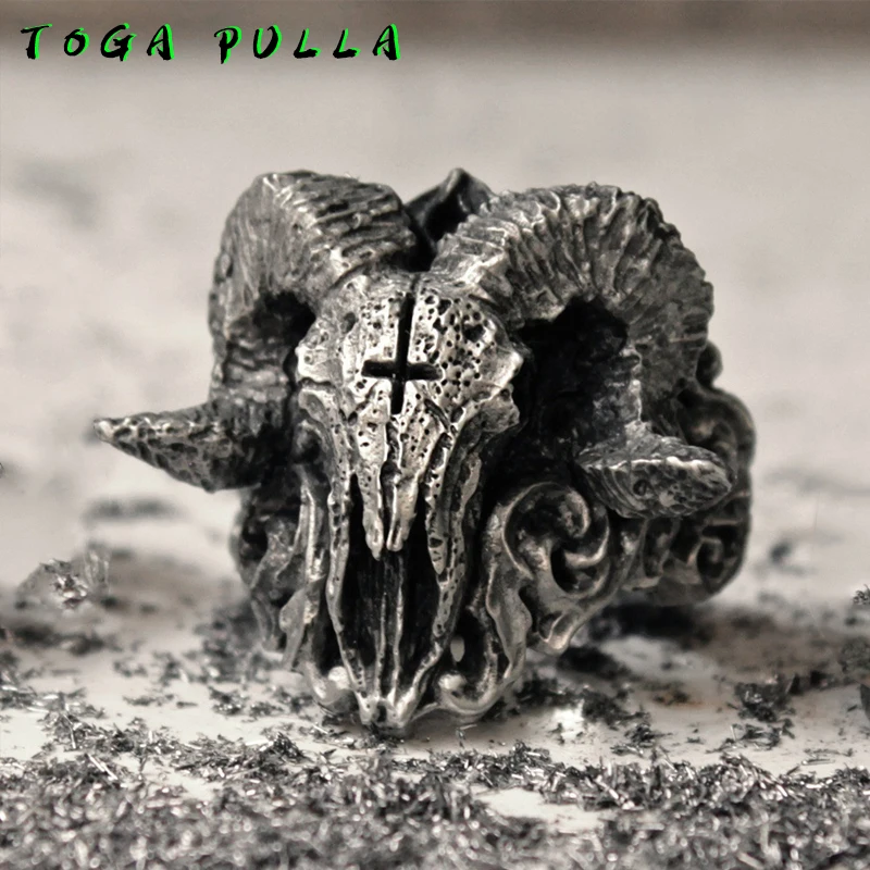 

Vintage Punk Gothic Skull Ring Men Stainless Steel Satanic Demon Sorath Biker Ring Male Baphomet Goat Head Pagan Ring Jewelry