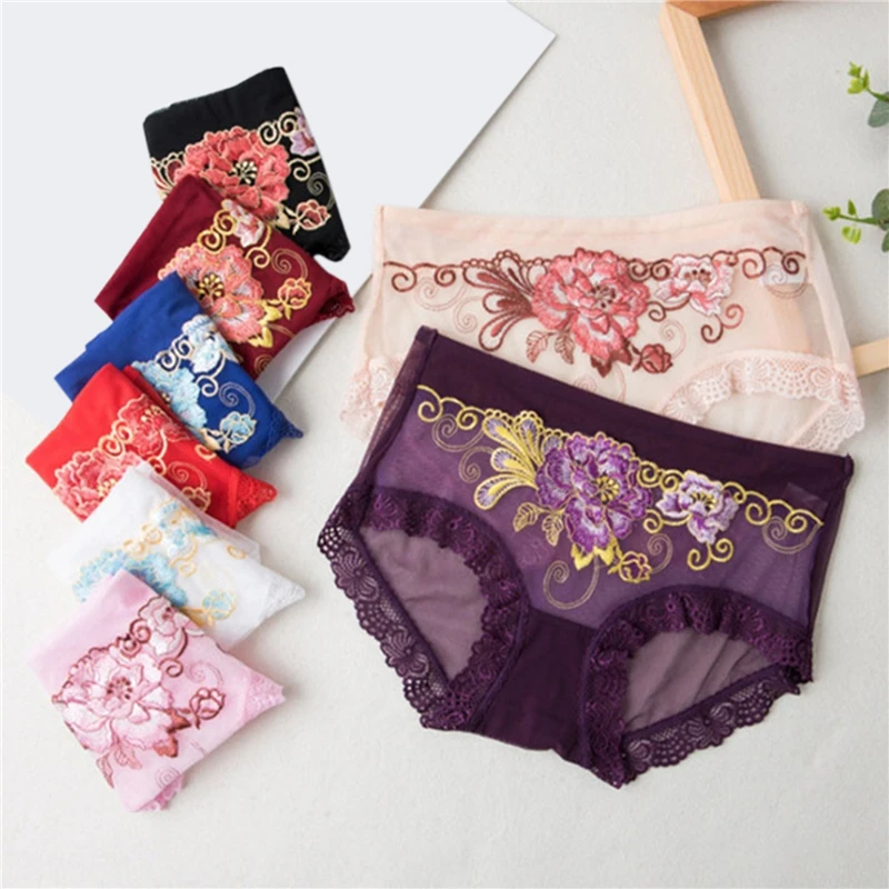 

Underwear Women Panties Sexy Lace Cotton Briefs Transparent Mid-Waist Underpants Flower Pattern Female Lingerie Plus Size