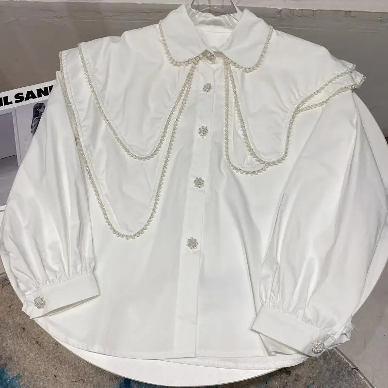 

2021 Spring New Pearl Edge Turn-down Doll Collar Shirt Long Sleeve Korean Fashion Blouse Women High Quality Blusas Tops