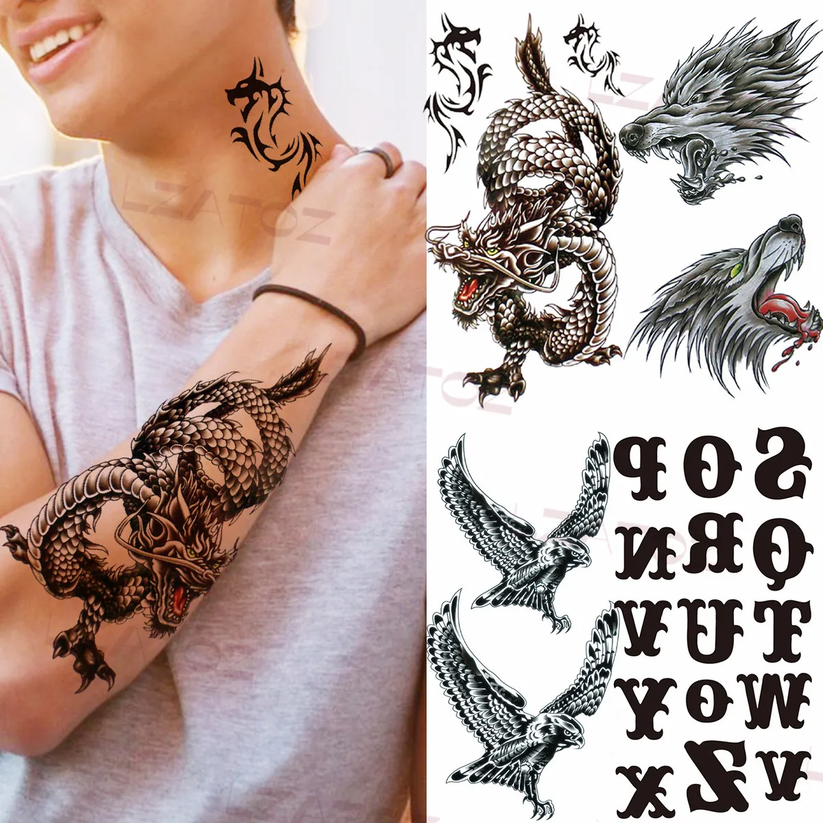 

Realistic Dragon Temporary Tattoos For Men Adult Wolf Eagle Letters Fake Tattoo Sticker Custom Armband Fashion Washable Tatoos