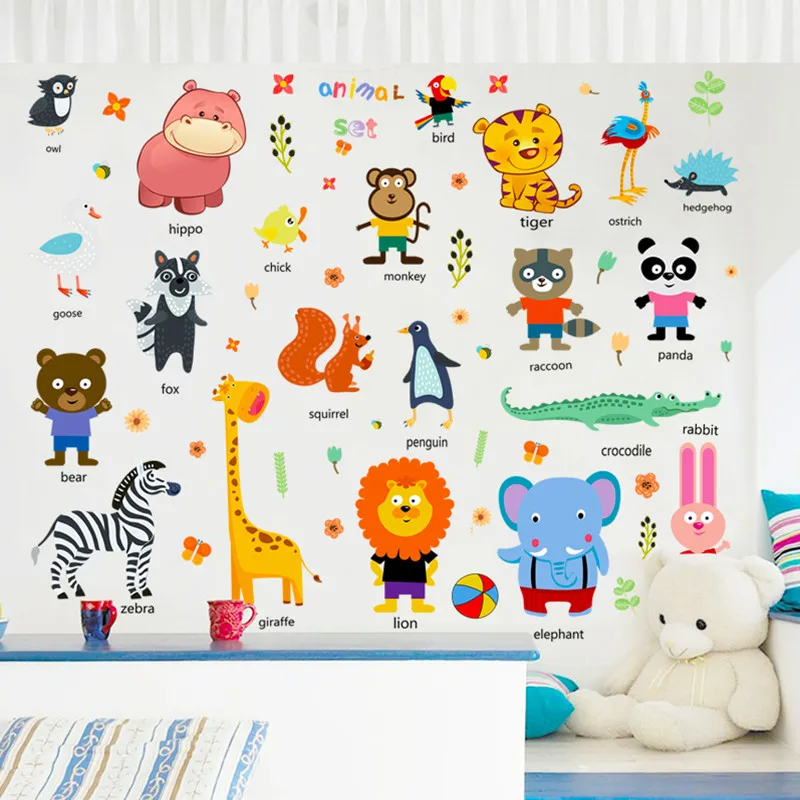 

Наклейки на стену с мультяшными животными, декор для детской комнаты, спальни, зоопарка, английские буквы, наклейки для раннего развития дет...