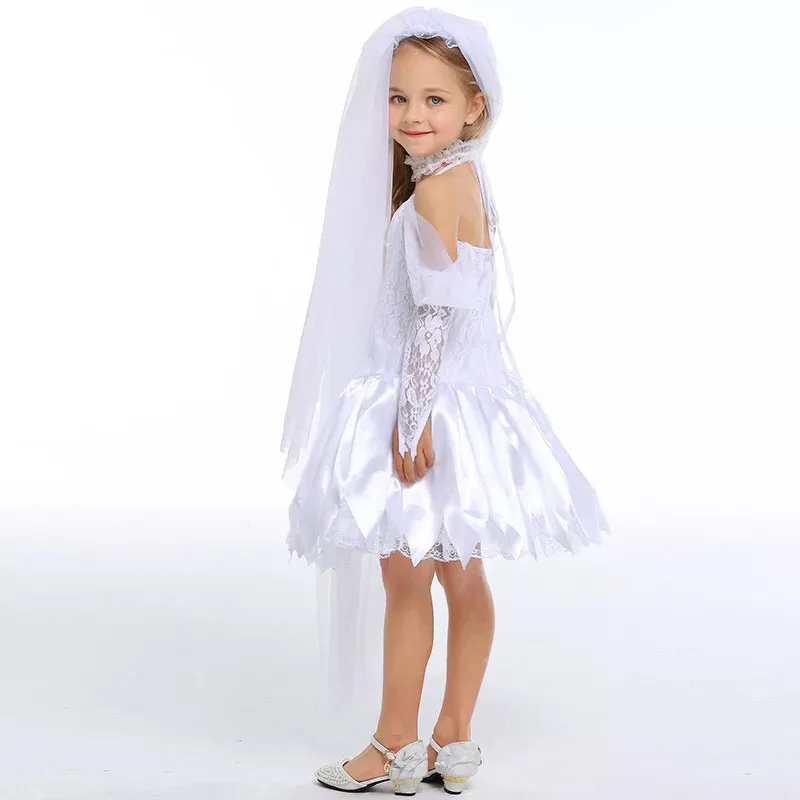 Детское платье для косплея белое свадебное с принтом в виде трупа невесты и зомби