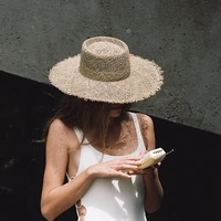 women beach caps retro style frayed seaweed straw hat breathable sun visor women summer outing sun protection beach hat