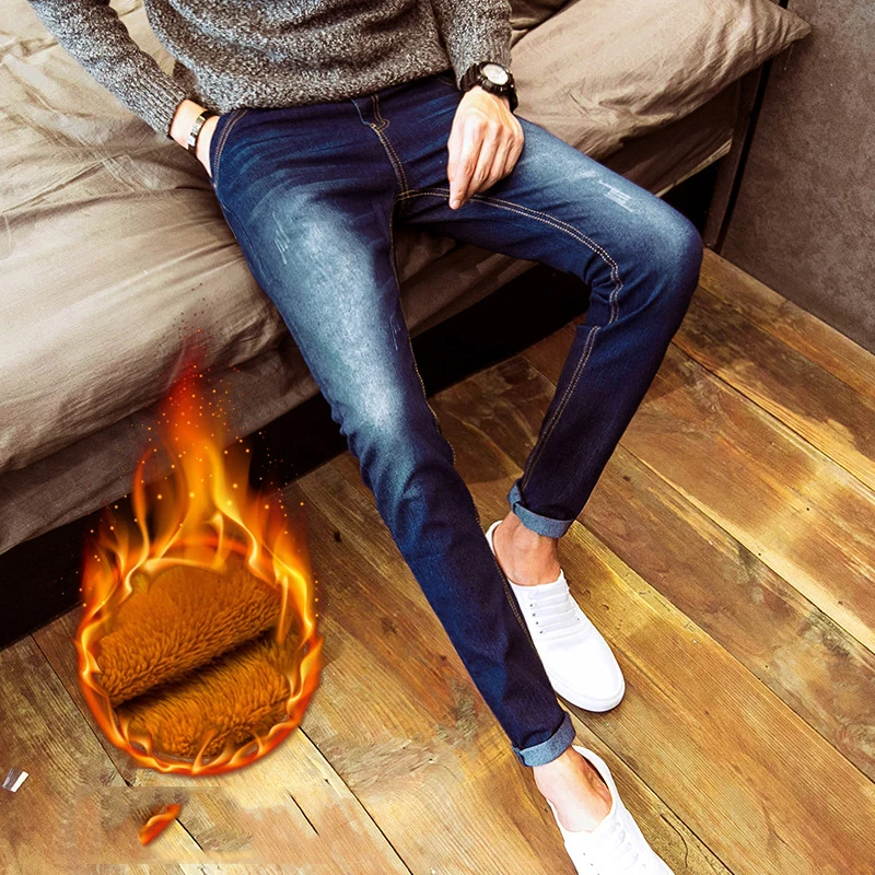 

New arrival 2020 autumn winter Casual thicken thermal Fleece men's add wool Denim teenagers pencil pants hot men's jeans