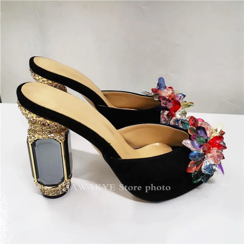 Новинка Роскошные летние шлепанцы на высоком массивном каблуке с драгоценными
