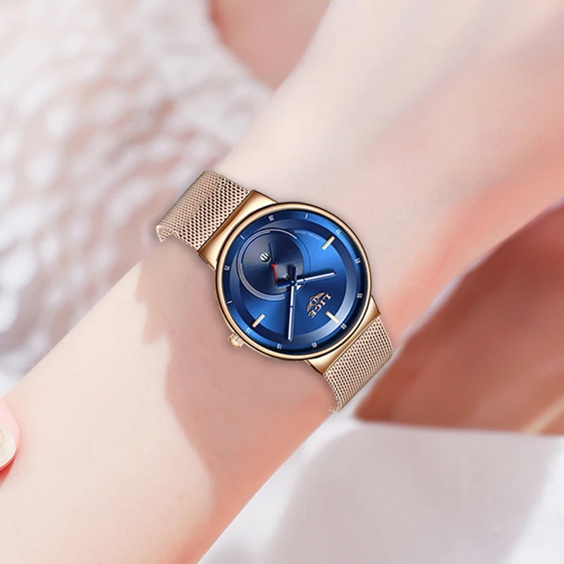 Женские повседневные кварцевые часы LIGE розовое золото синий цвет женские Relogio