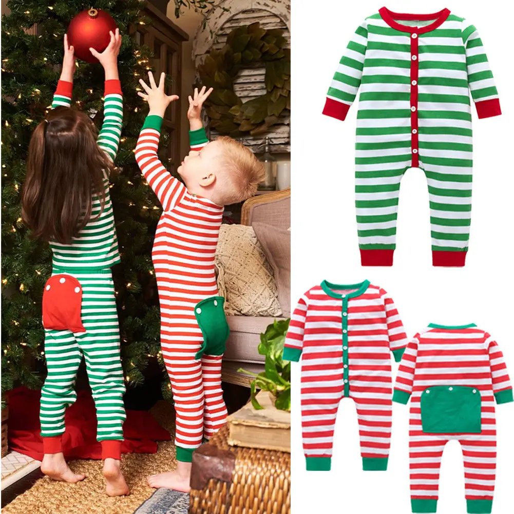 

Xmas Pretty Casual Infant Baby Girls Boys Nightwear Christmas Romper Long Sleeve Single Breasted Red/Green Striped Pajamas 0-3Y