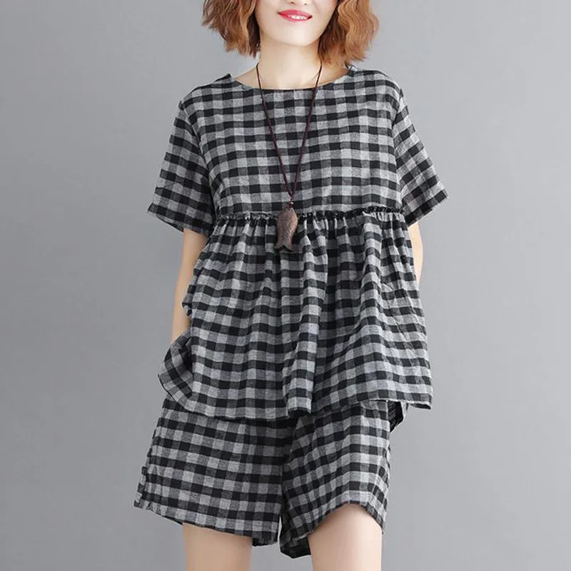 Women's Casual Outfit Ladies Loose Grid 2pcs Set Short Sleeve Round Neck Tops+Wide Leg Shorts Plaid 100% Brand New |
