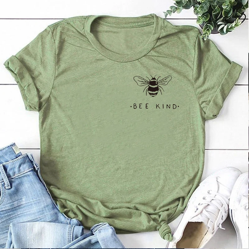 Зеленый Женская футболка с карманом и принтом пчелы Tumblr Save The Bees, женские футболки больших размеров, хлопковые топы с круглым вырезом, Прямая поставка - Цвет: Зеленый