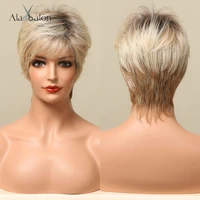 alan eaton dark root ombre brown blonde short wigs with bangs fluffy pixie cut synthetic wig for black women heat resistant