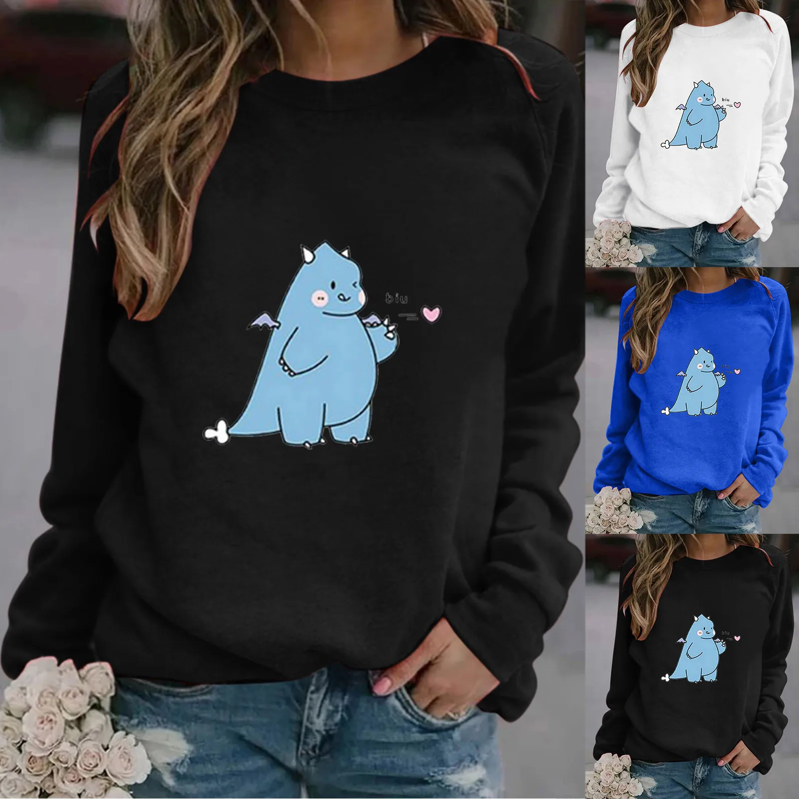 63# Hoodies Women Sweatshirt Japanese Style Kawaii Cartoon Dinosaur Hooded Autumn Spring Pullovers For Femaletop Sudadera Mujer