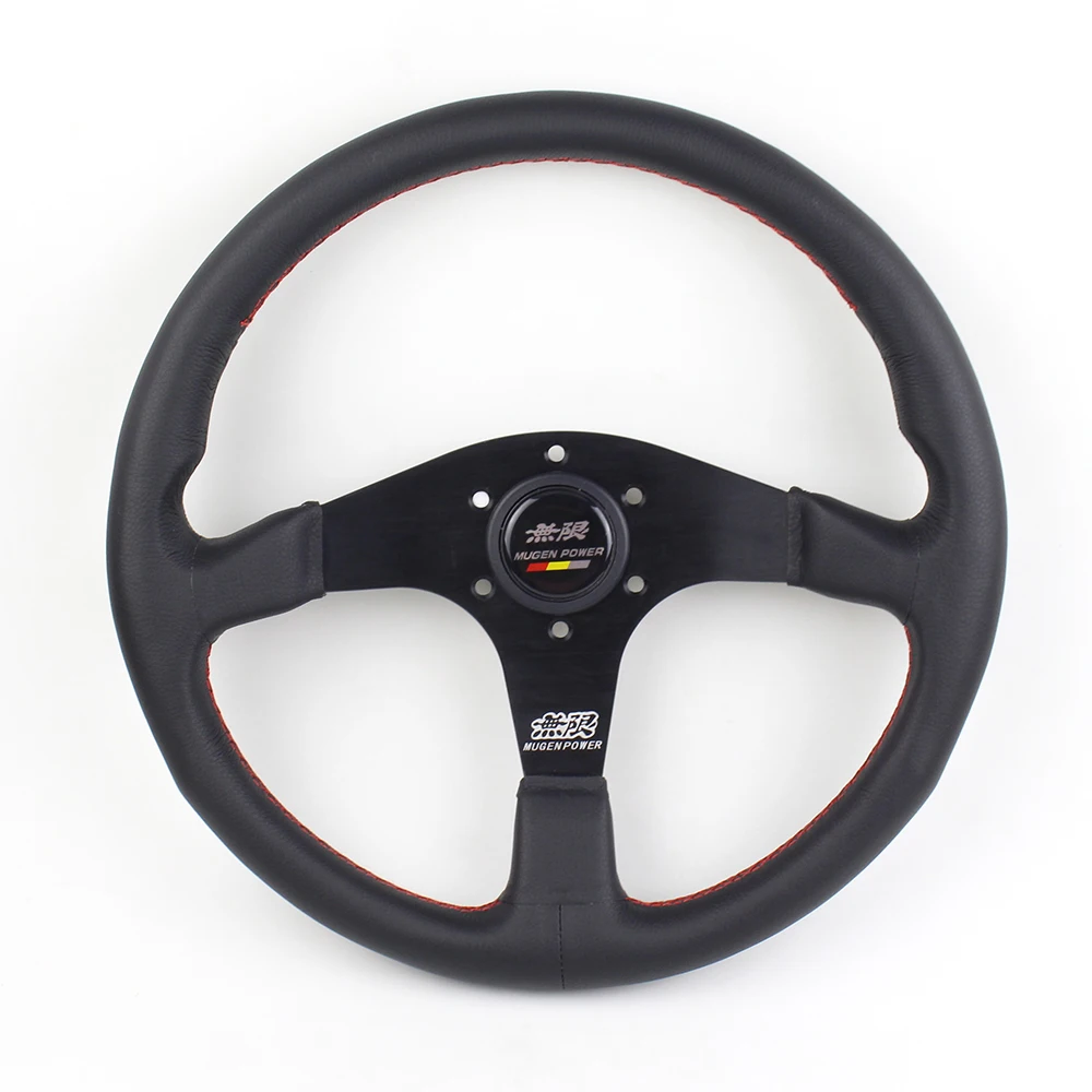 Кожаное рулевое колесо Mugen 350 мм черное спицевое плоское Спортивное Рулевое для
