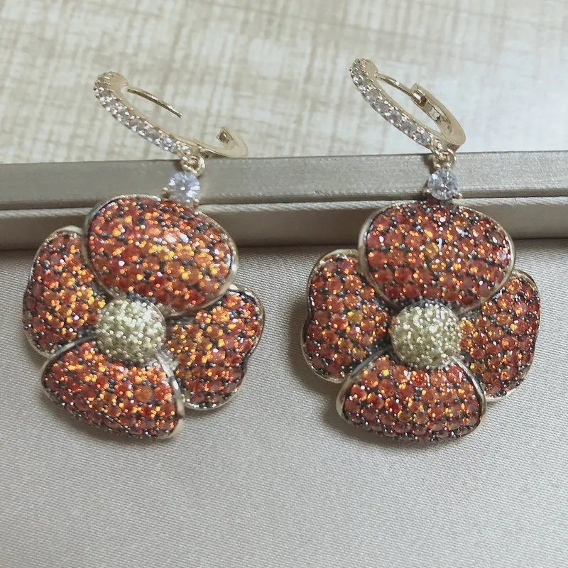 

Bilincolor Trendy Paving Settting Zircon Four Petal Orange Flower Earrings for Women