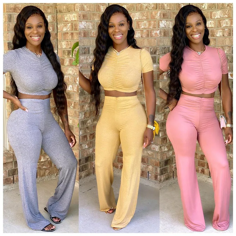 

Autumn Women Short Sleeve T-shirt Crop Tops High Waist Flare Pants Suit Tracksuit 2 Pieces Set Winter Fitness Outfits