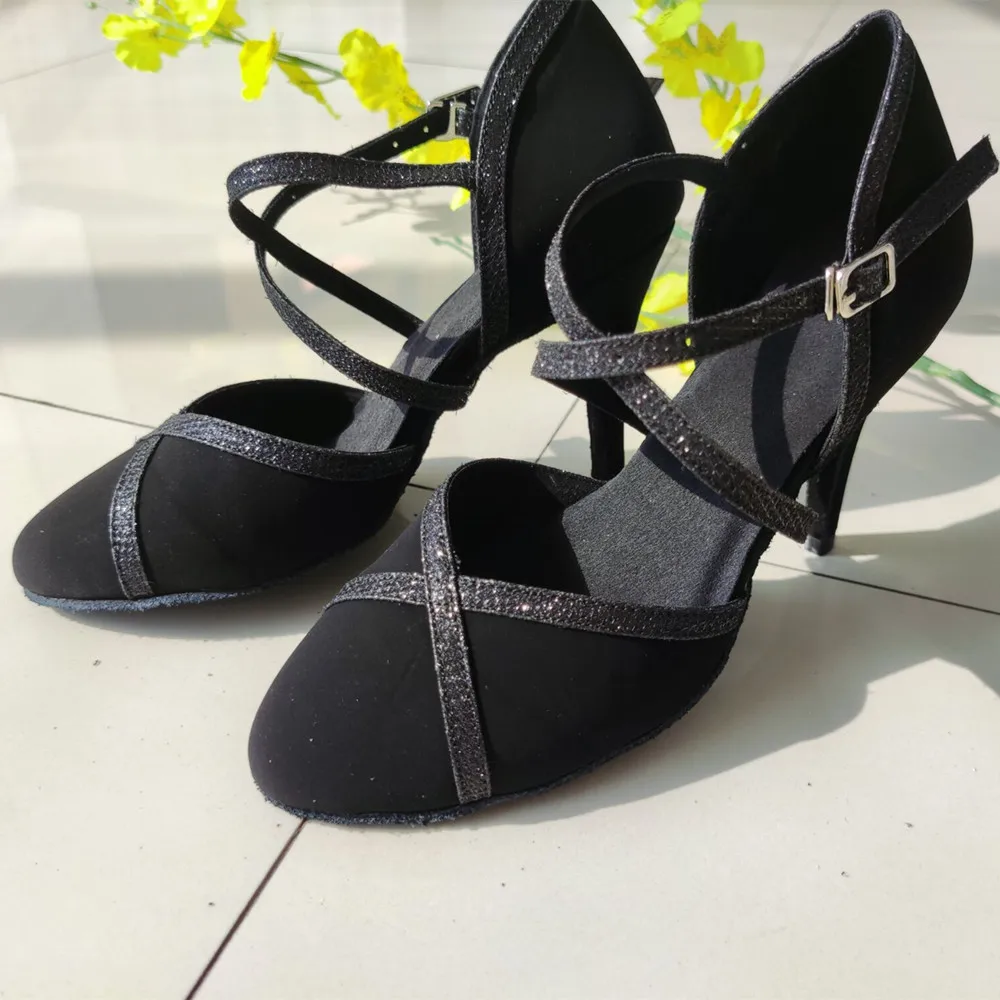 Размеры США 4-12 Zapatos De Baile туфли для латинских танцев Черный нубук с блестками