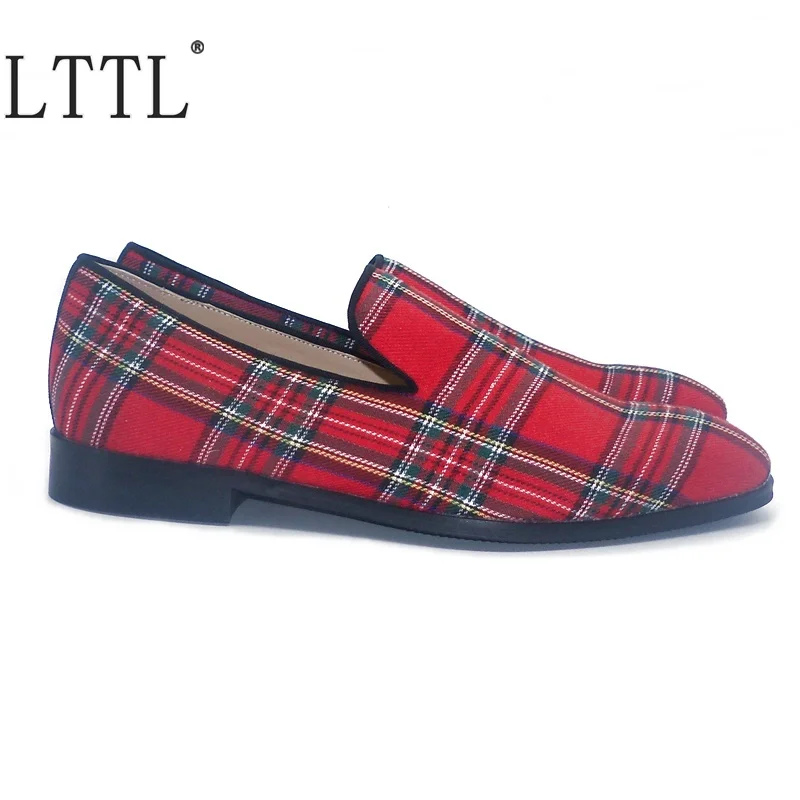 LTTL New Fashion British Style Cotton Fabric Plaid Loafers Men Dress Shoes Square Toe Slip On Casual Men's Smoking | Обувь