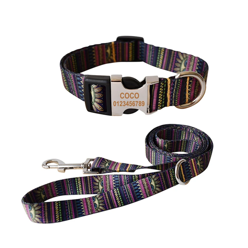 

Набор из поводка и ошейника для собак в темном этническом стиле, лента с принтом