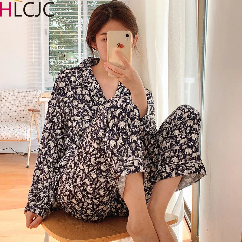 

Ice Silk Pajamas for Women Pajamas Set Nightwear Long Sleeve Zoo Print Pajamas Female Home Clothes Set For women Sleeping Shirt