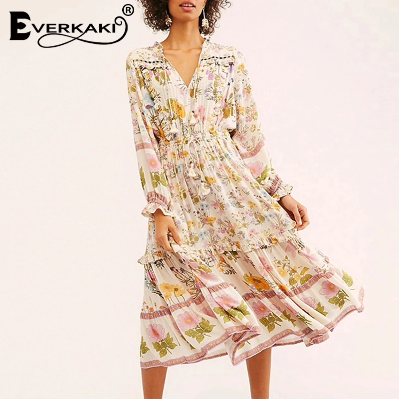 Женское платье Бохо с цветочным принтом Everkaki длинное трапециевидной формы