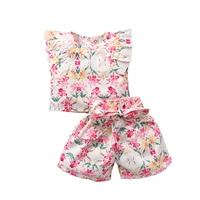 toddler kids baby girls summer fly sleeve flower ruched tops t shirts belt shorts pants children clothes sets 2pcs 18m 6y